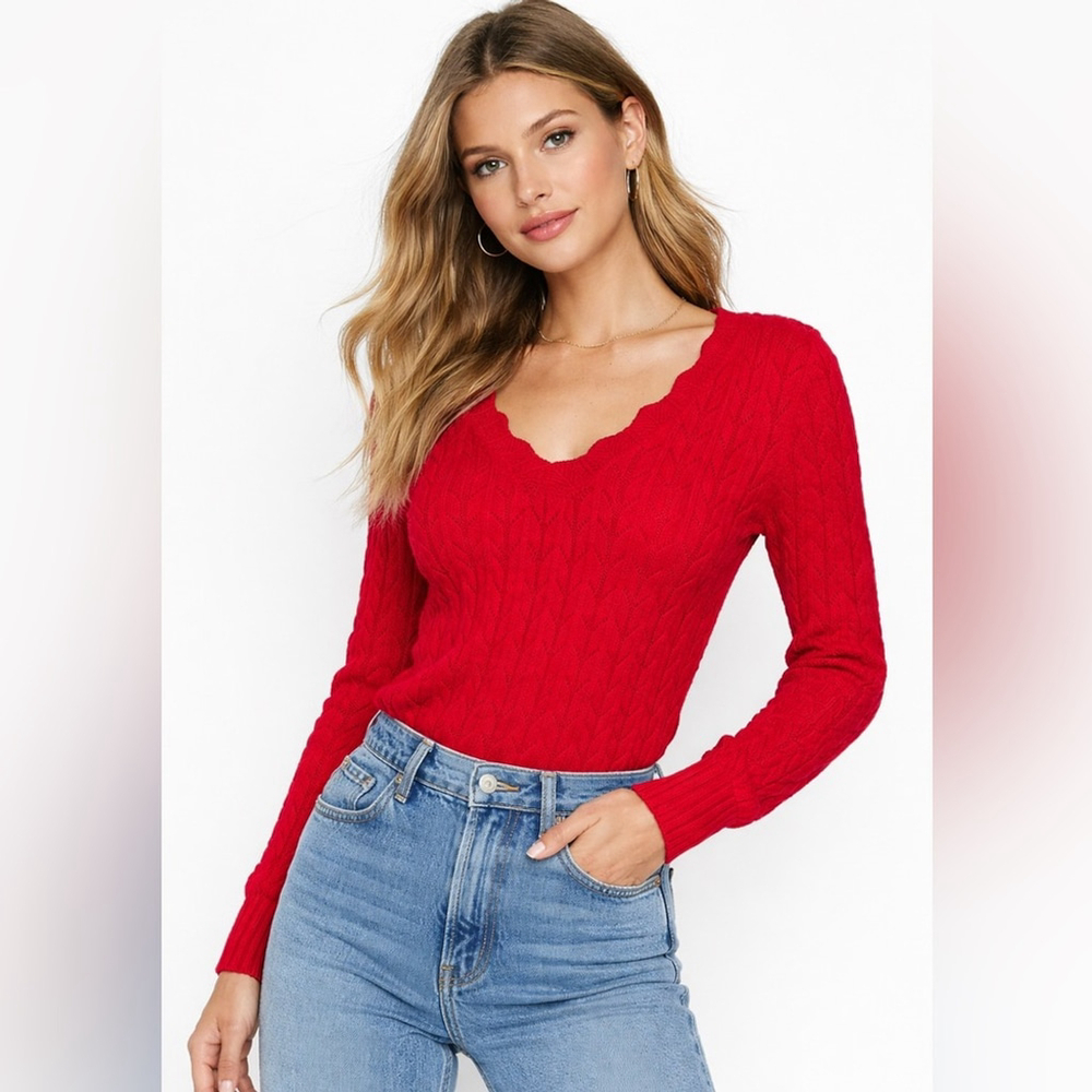 Red Cable Knit Scalloped Neck Sweater Wool Blend Textured Romantic